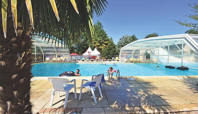 Piscine et solarium devant un palmier - Domaine de la Brèche